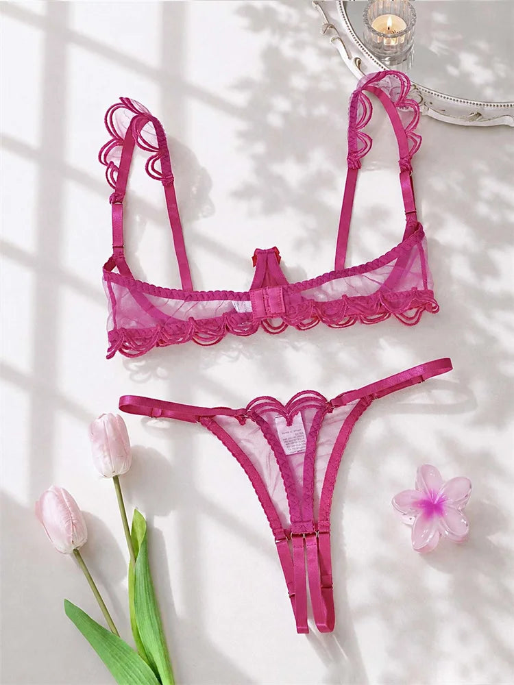 Sexy Women Bra Set Rose Red Mesh Lingerie Three-point Intimate Underwear Bow Underwire Bralette Crotchless Thong Lingerie Set