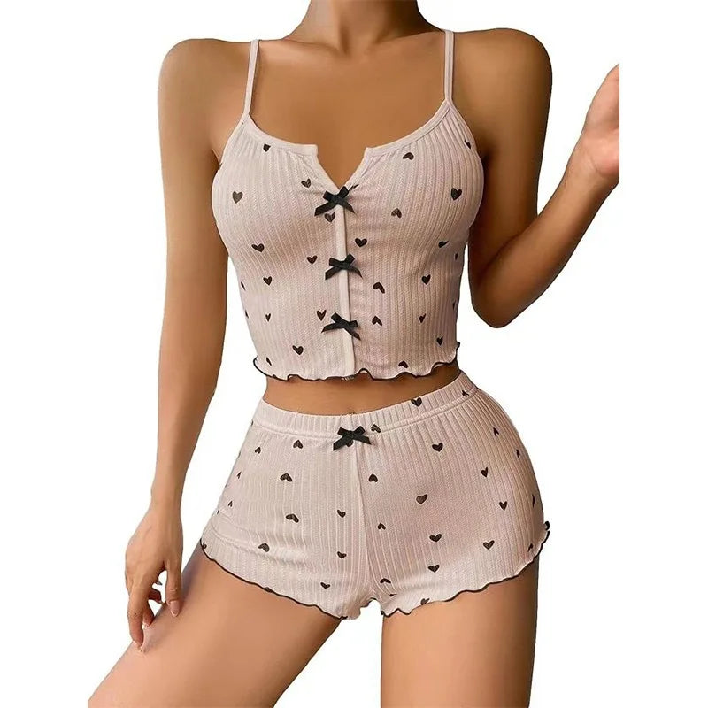 Women's Pajamas Set Sleepwear 2 PCS Short Tank Tops And Shorts S M L White Ventilate Soft Casual Love Printing