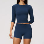 Yoga Sets Women Half Sleeve O Neck Slim Sports T Shirts High Waist Short Fitness Suit Outdoor Gym Running Workout Tracksuit