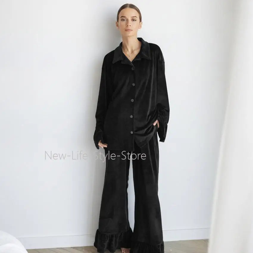 Women 2026 Autumn Winter Knit Korean Velvet Pajama Set Ruffle Long Sleeve Pants Two Piece Warm Ladies Homewear Sleepwear