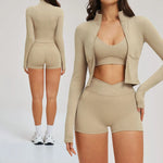 New 3 Pieces Yoga Set Women Workout Sportswear Gym Clothing Fitness Long Sleeve Crop Top Shorts Leggings Female Sport Bra Suits