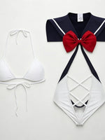 Women Sailor Collar Two-Piece Set Navy White Bow Decor Chiffon Fabric Casual Homewear Cosplay Costumes Daily Party Themed Event