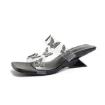 High Heeled Sandals Women Summer New Pearl Butterfly Square Toe Straight Strap Sandals, Fashionable Outerwear Plus Size Slippers