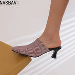 NASBAVI New Breathable Hollow Slippers Stone Pattern Leather Pumps Women Chunky Heels Mules Black Dress Shoes Big Size 45 46 47