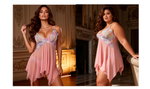 Pink Mesh Print Lace Sleep Dress for Women See Through Midi Nightgown with Panties Plus Size S-4XL