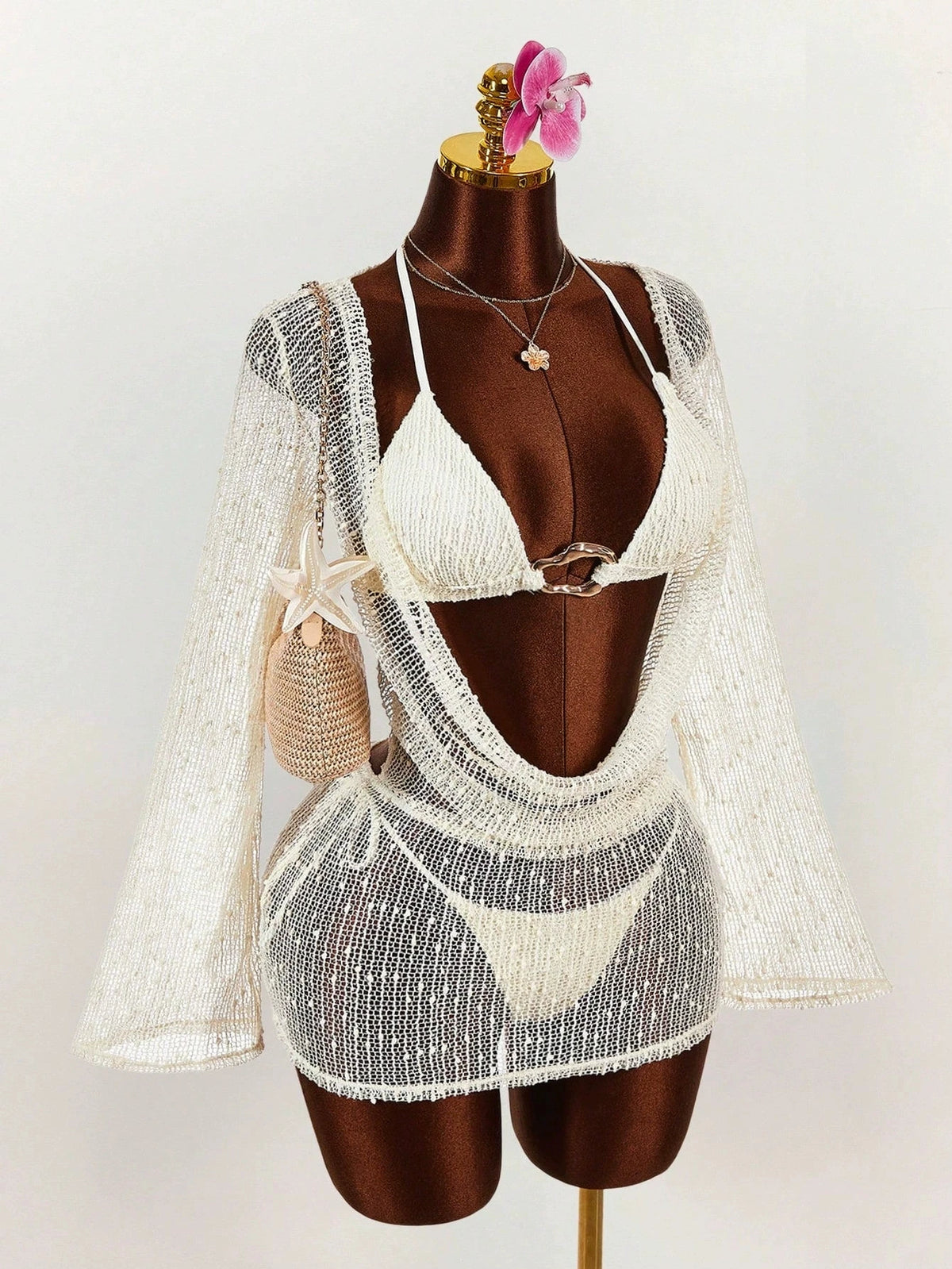 DEKA Sexy Beige Long Sleeve Cover Up 3 Piece Bikini Set Women Metal Buckle Push Up Thong Swimsuit Beach Bathing Suit Swimwear