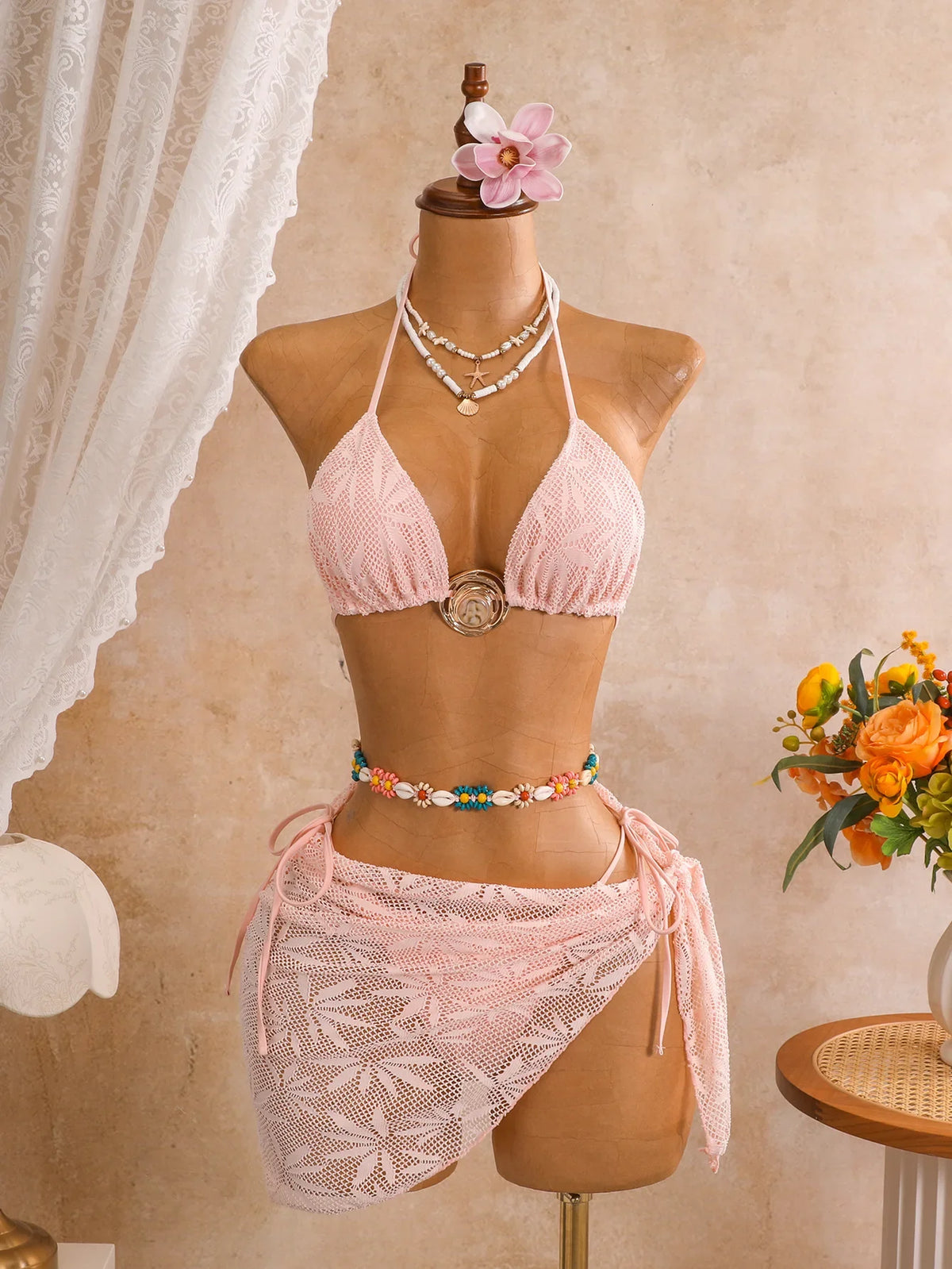 Sexy Mesh Cover Up 3 Piece Bikini Set 2026 Women White Metal Circle Push Up Bra Thong Swimwear Holiday Bathing Suit Swimsuit