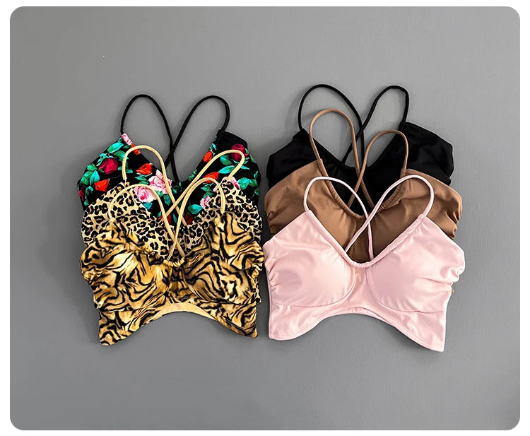 Women Cross Back Padded Sports Bra Thin Straps Wireless Shockproof Soft Breathable Yoga Fitness Camisole Top