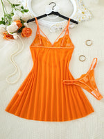 Orange Daisy Floral Lace Sheer Mesh Babydoll Lingerie Set Slip Nightdress With Matching Thong Women Sexy Sleepwear ZA825096
