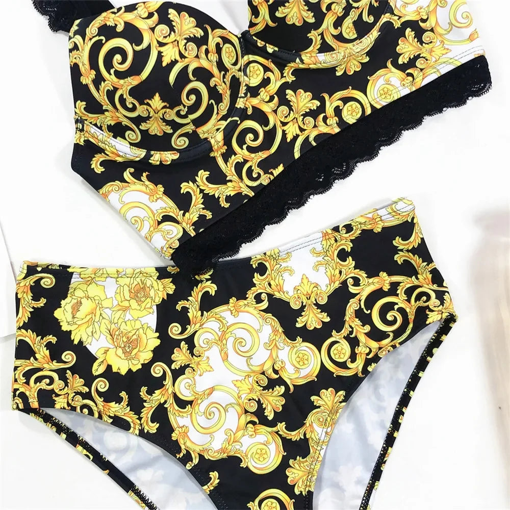 Sexy Black Print High Waisted Bikini Push Up Lace Straps Swimsuits Women 2026 Swimwear Bathing Suit Brazilian Bikinis De Mujer