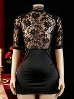 Women Lace V Neck Lingerie Nightgown 2PCS Set Bodycon Mini Dress Matching Briefs Black Sleepwear Lounge Dress