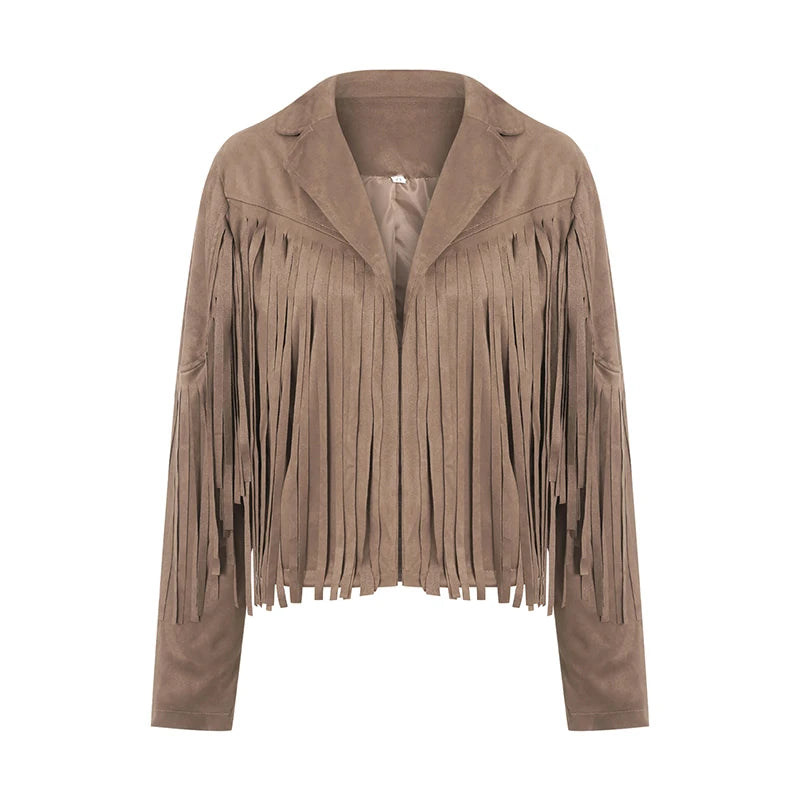 Women Spring Autumn Slim Long Sleeve Open Front Coat Solid Color Collared Jacket with Tassels Black/ Coffee/ Pink