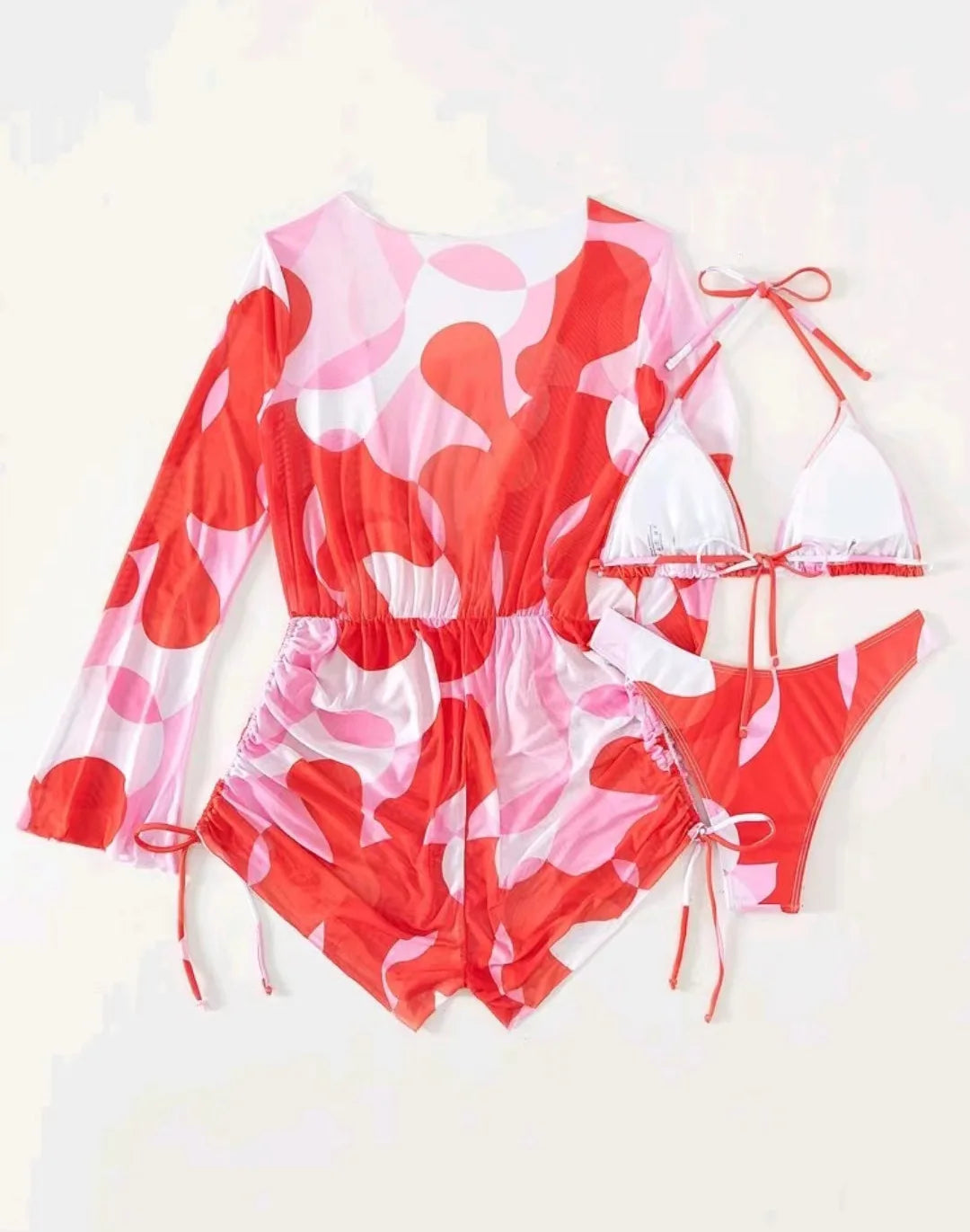 2024 New Swimsuit 3 Pcs Set Thong Bikini with Rompers Womens Jumpsuit Beach Wear Print Swimwear Sexy Bathing Suit Pool Beachwear