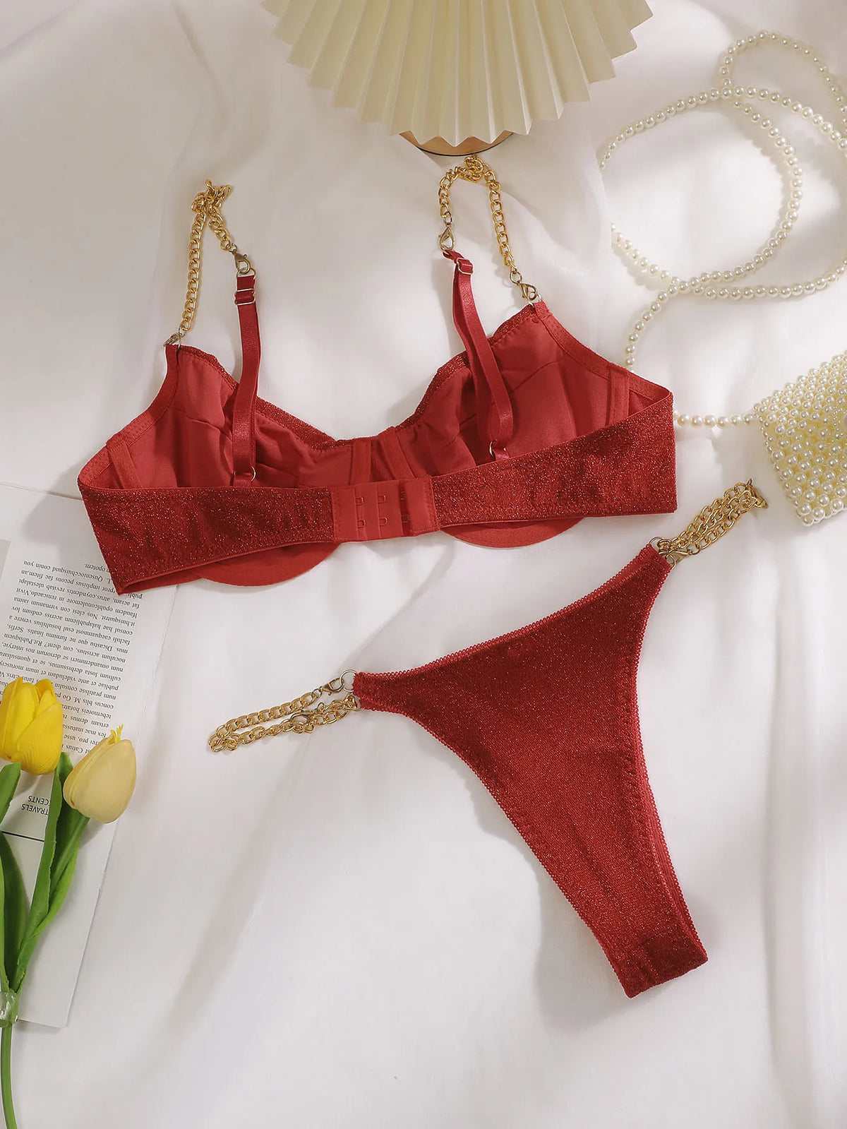Women Glitter Lingerie Set Metal Chain Strap Underwire Bra And Thong 2‑Pcs Sexy Intimate Lingerie Set U1110