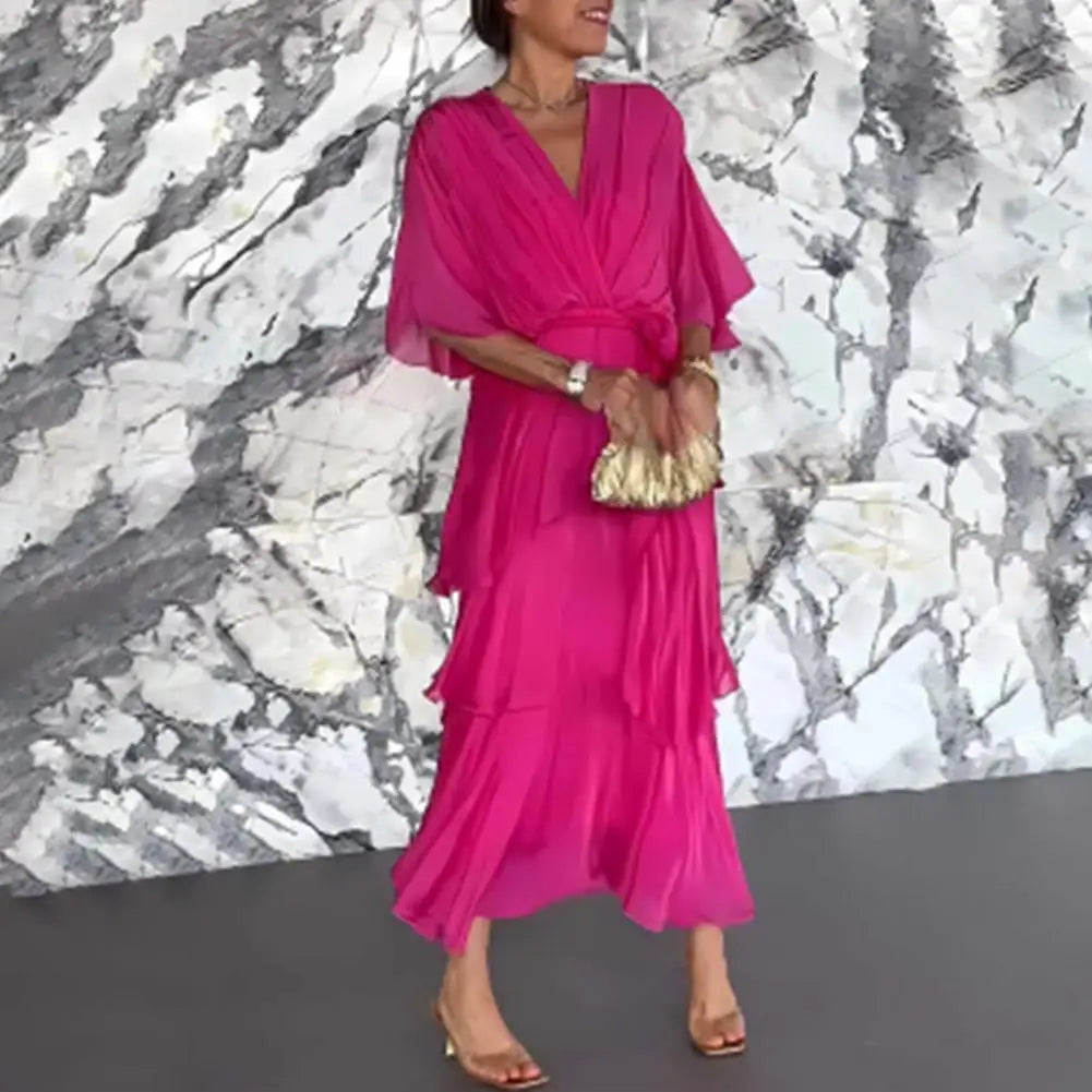 Women's Flowy Chiffon Wedding Guest Dress Ruffle Half Sleeve Empire Waist Ruched Wrap Dress V Neck Tiered Swing Dresses