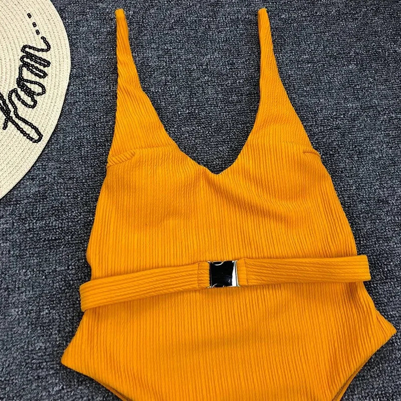 V Neck Ribbed High Cut Women Swimwear One Piece Swimsuit Female Backless Monokini with Waist Belt Bathing Suit Swim Beachwear