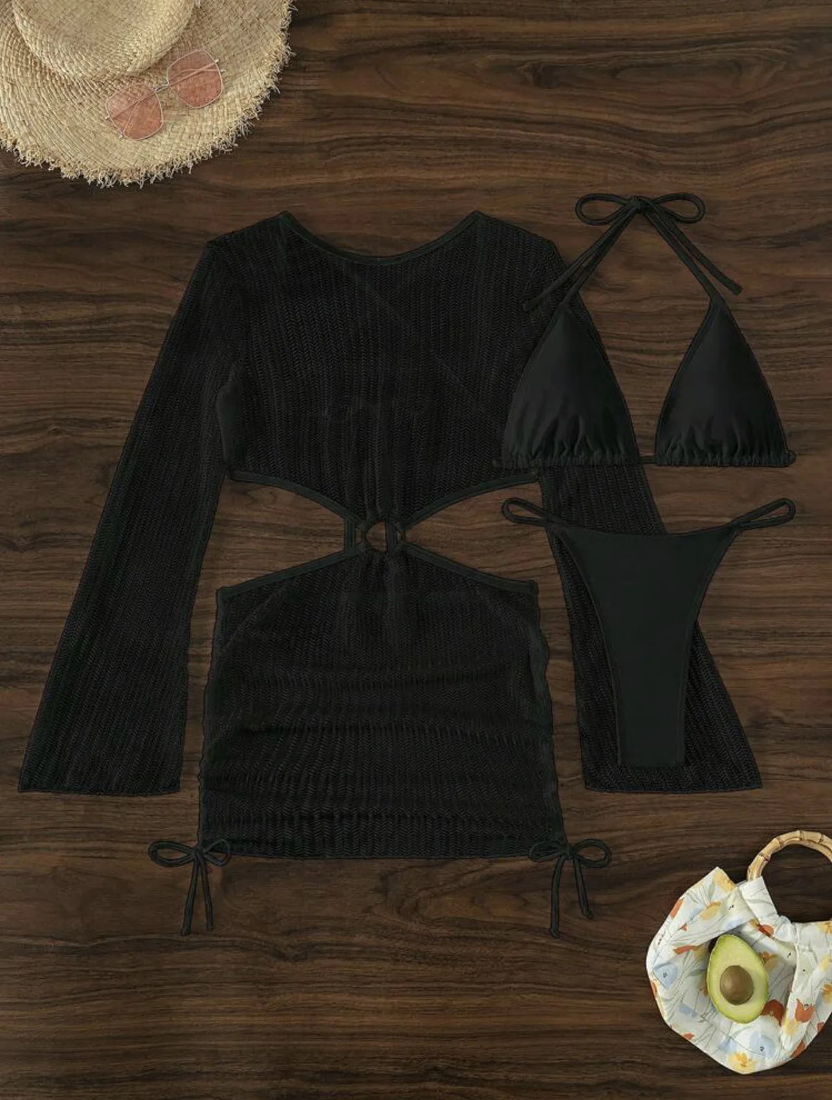 DEKA Women Solid Bikini Set Halter Bra Lace-up Swimsuit Set With Mesh Yarn Cover Up Dress KnittedLong Sleeve Boho Swimwear