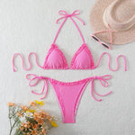 New Sexy Blue Striped String Bikinis Two Pieces Swimsuit Women Swimwear Halter Beach Wear Swim Bathing Suits Frill Bikini Set