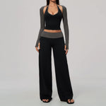 Women 2/3Piece Yoga Set Fitness Suit Gym Clothing Workout Tracksuit Sportswear Colorblock Halter Long Sleeve Top Wide Leg Pants