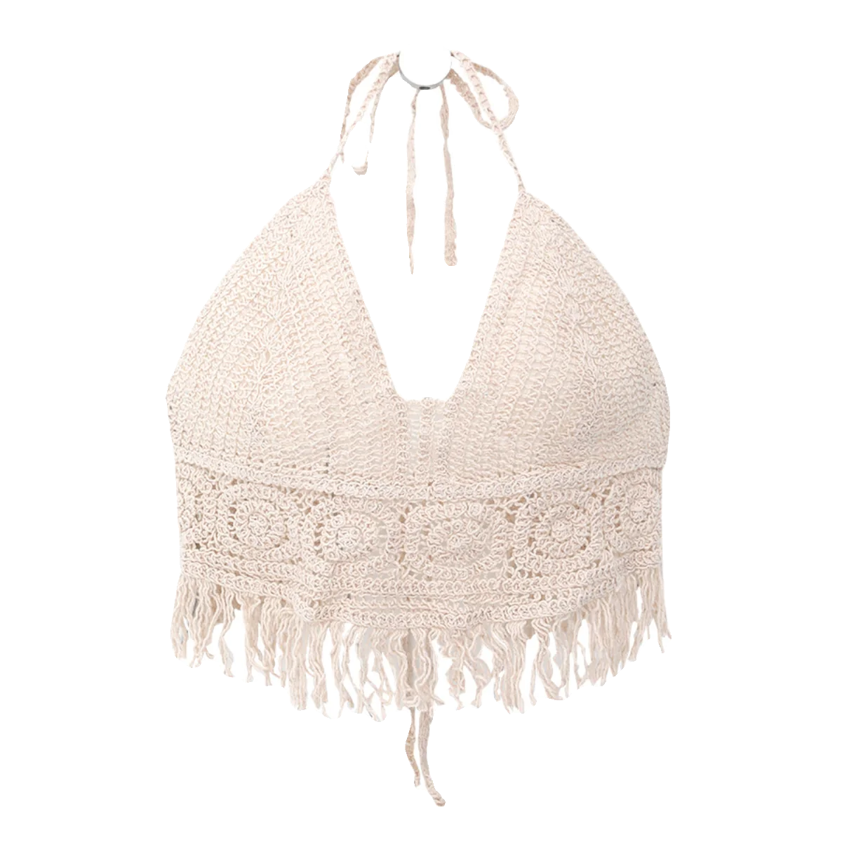 Boho Crochet Halter Top for Women Summer Beach Knit Crop Top with Tassels Backless Sleeveless Bralette