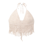 Boho Crochet Halter Top for Women Summer Beach Knit Crop Top with Tassels Backless Sleeveless Bralette