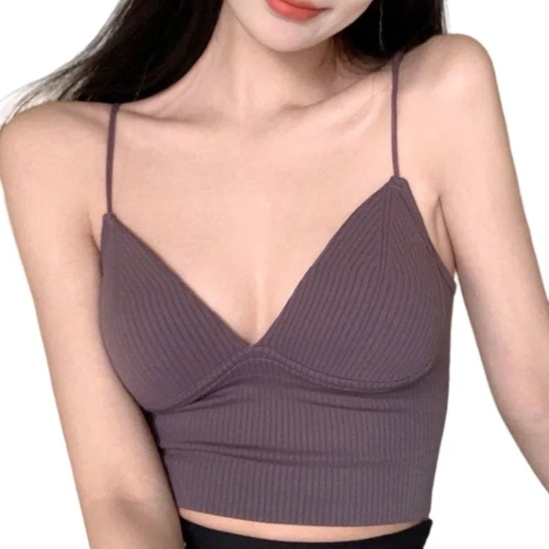 Women Tank Top With Built In Bras Fixed Cup Anti Glare Streetwear Crop Tops Female Seamless Underwear Padded Camisole Summer