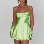 Satin Silk Women Sexy Cami Playsuits Dress Solid Cowl Neck Sleeveless Short Jumpsuits Summer Cross Tie-Up Backless Romper