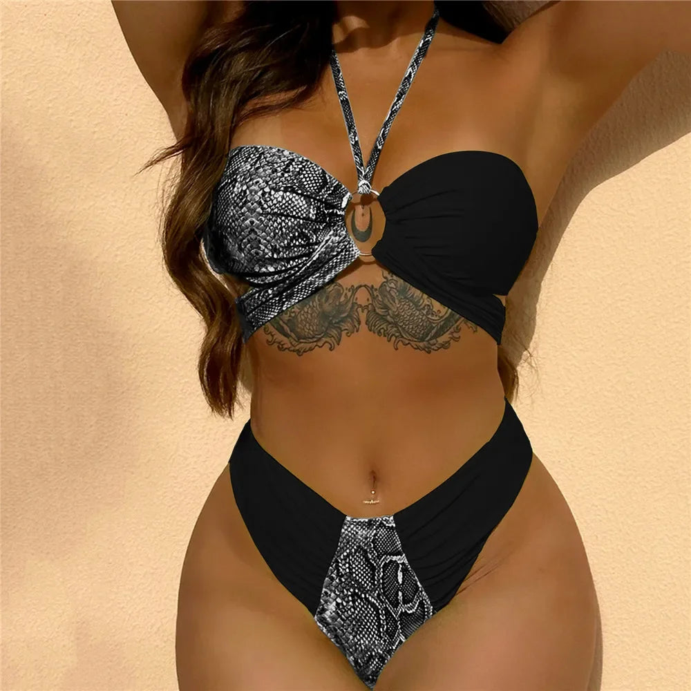 Sexy Snake Print Halter Bandeau Bikinis Set Thong Swimsuit Women Push Up Swimwear High Cut Bathing Suit Biquini Beachwear bikini