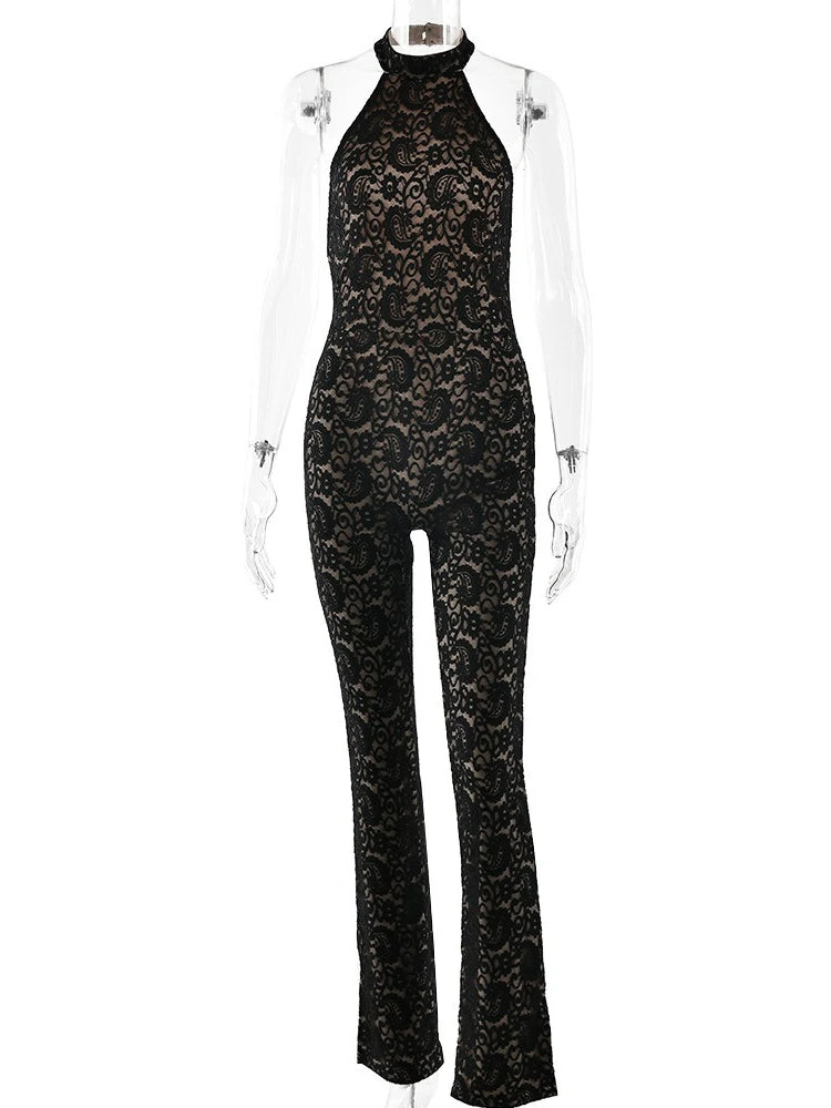 FDYOUI Women's Halter Neck Backless Evening Party Jumpsuits Lady Elegant Sleeveless Lace Overalls One Piece Bodysuit Streetwear