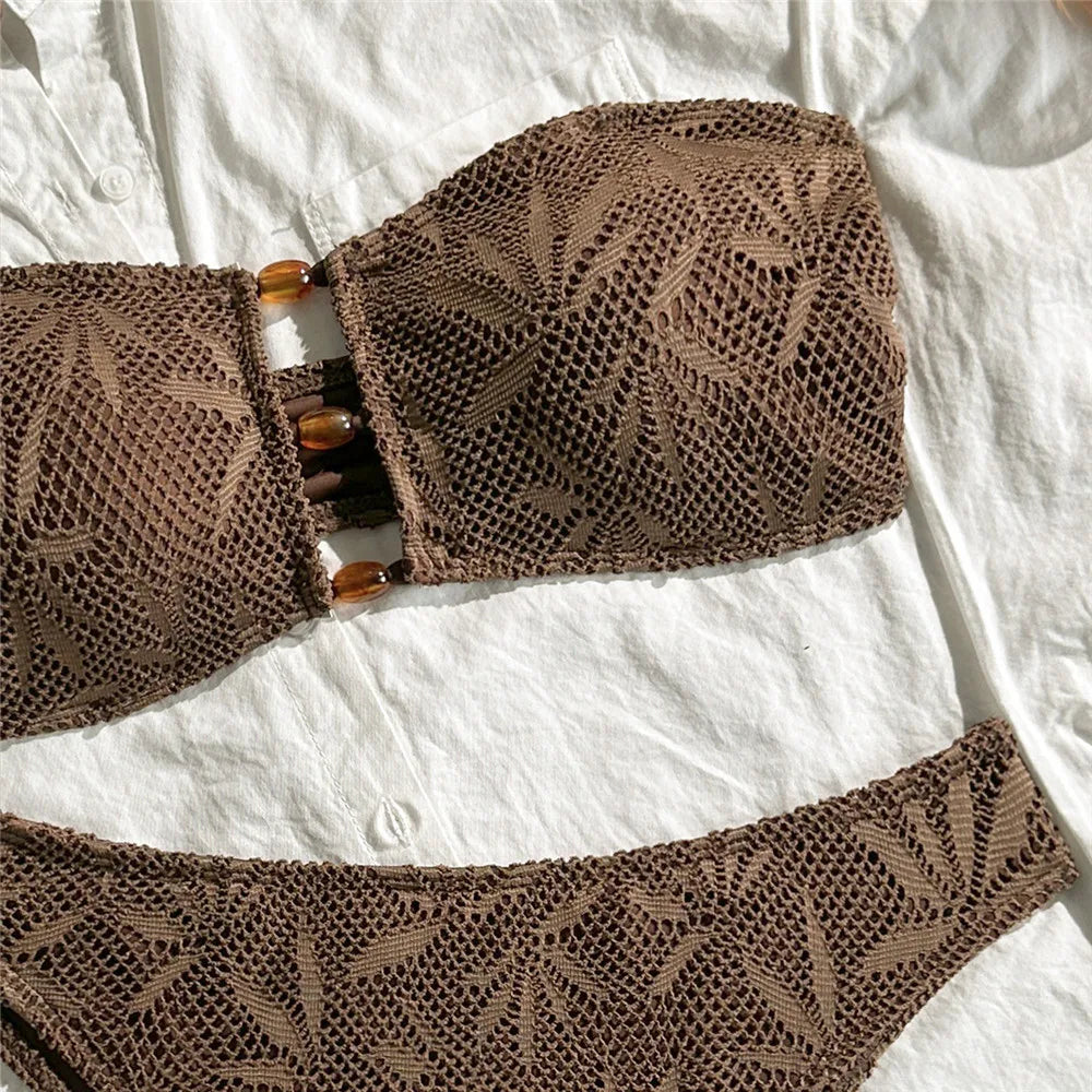 Brown Leaf Fishing Net Bandeau Bikinis Sets Front Hollow Out Sexy Swimsuit Woman 2026 Bead Swimwear Bathing Suit Bikini De Mujer