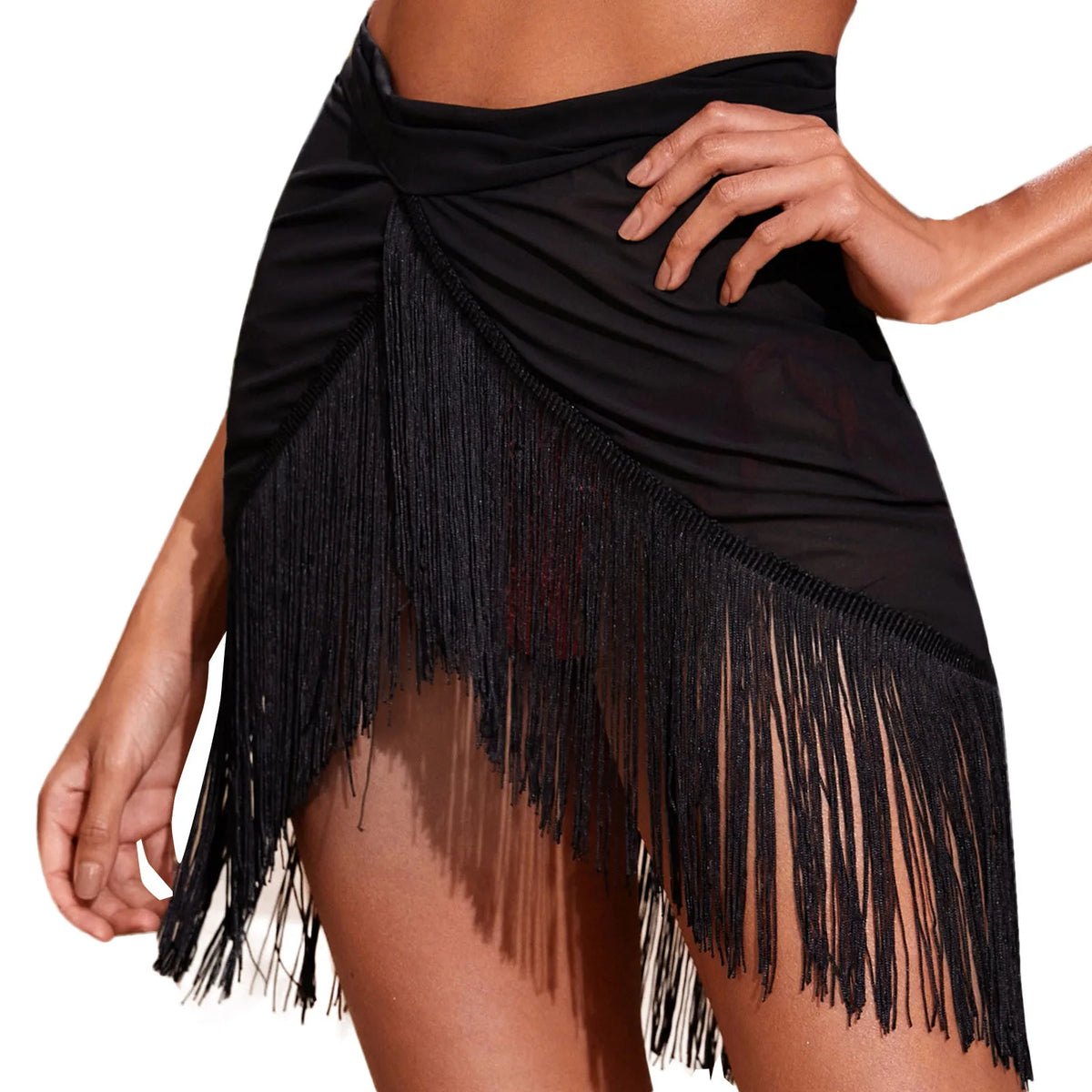 Women's Black Mesh Fringe Sarong Skirts Asymmetric Triangle Cut Swimwear Cover Up Sheer Ruched Tassel Hem Wrap Flowy Beach Skirt