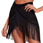 Women's Black Mesh Fringe Sarong Skirts Asymmetric Triangle Cut Swimwear Cover Up Sheer Ruched Tassel Hem Wrap Flowy Beach Skirt