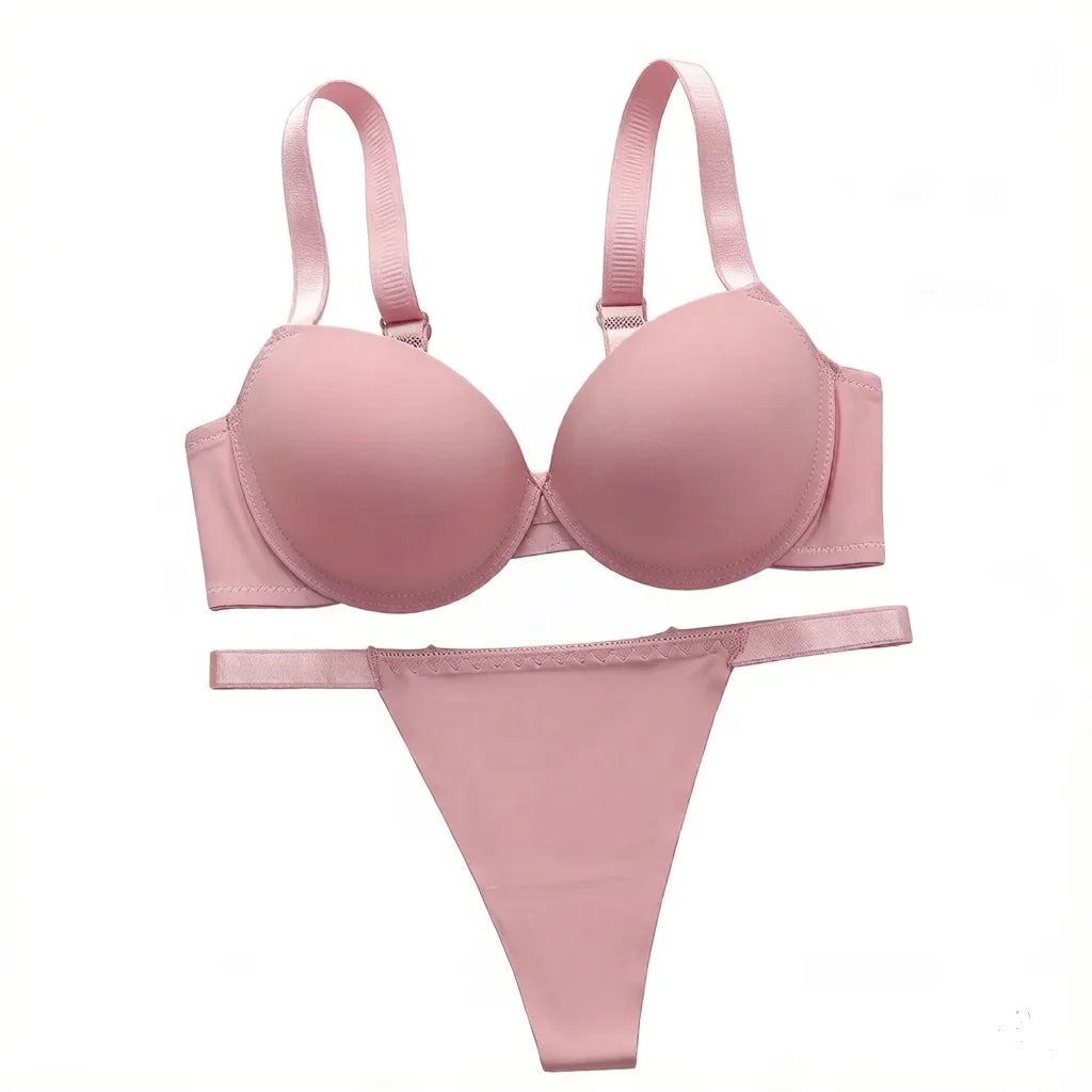 Pink Women Set Solid color daily lingerie set push up bra comfortable close fitting lingerie set Small chest appears larger 2051