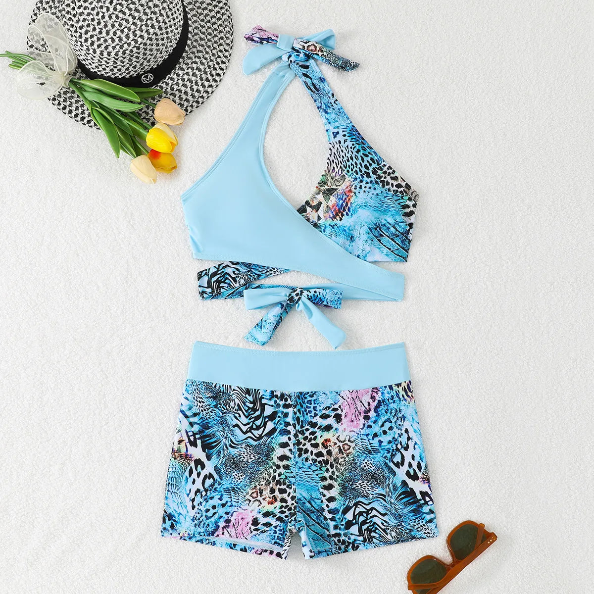Sexy High Waist Bikini Shorts 2026 Women Swimsuit Blue Halter Swimwear Female Bikinis Set Print Bathing Suits Brazilian Biquini