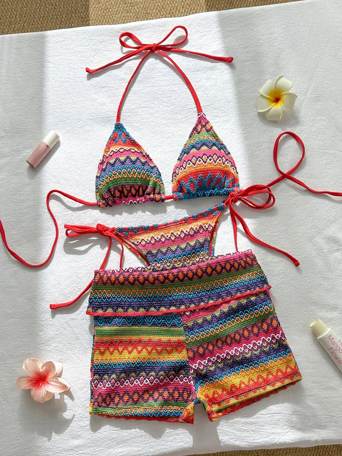Sexy Red Striped Knitted Bikini Set 2026 Women Patchwork Push Up Bra Thong Swimsuit Beach Bathing Suit Cover Up 3 Piece Swimwear