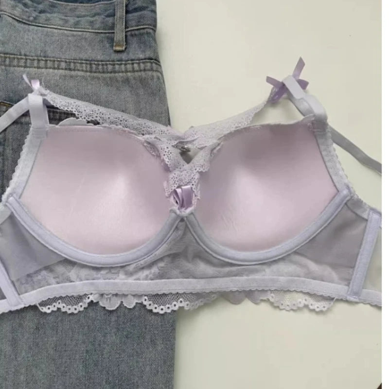 Japanese Lace Bra Set, Heart Pendant Purple Lingerie Sexy & Pure Small Chest Push Up Bralette, Fashion Outerwear Design Enhancer