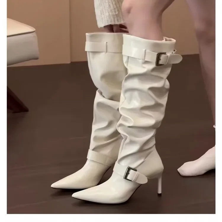 Women Patent Leather Pointed Toe Knee High Boots Thin High Heel Double Strap Buckle Tall Boots Retro Ladies Leather Long Boots