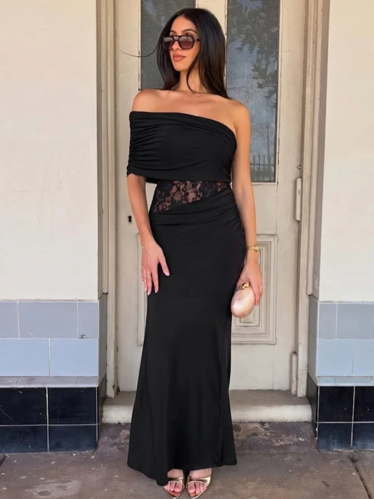 FDYOUI Women's Summer Diagonal Collar Lace Patchwork Asymmetrical Long Dress Sleeveless High Waist Tunics Evening Party Dresses