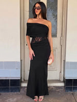 FDYOUI Women's Summer Diagonal Collar Lace Patchwork Asymmetrical Long Dress Sleeveless High Waist Tunics Evening Party Dresses