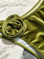 Sexy Velvet Bikini Sets Women Green 3D Flower Push Up Underwire Micro Swimsuit 2025 Summer Bathing Suit Thong Swimwear Biquini