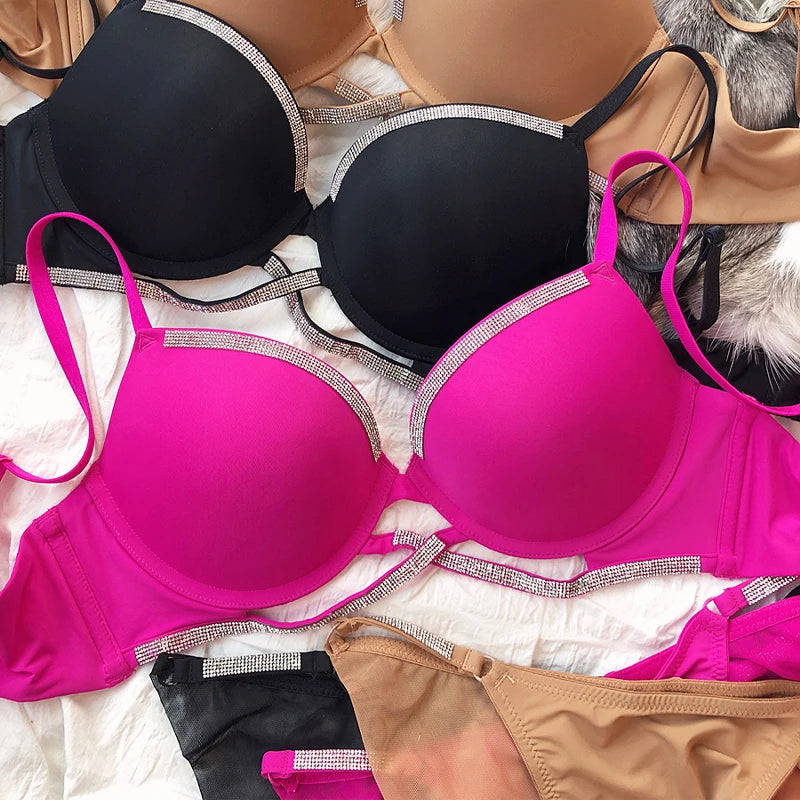 Sexy Women Underwear Set Cross Hollow Bra Fashion Rhinestones Cup Solid Color Push Up Brassiere Deep V Lingerie 2 Pieces Set