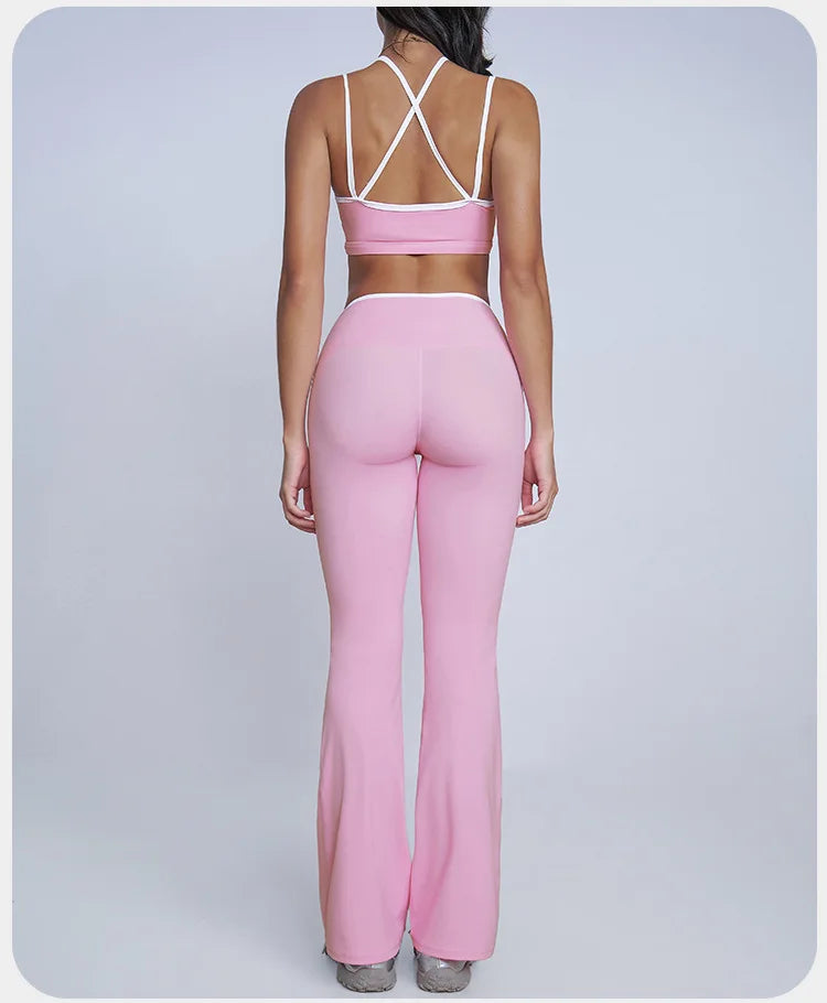 Tight Naked Yoga Shorts Suit Women Double Strap Sports Bra High Waist Flare Leggings Fitness Suit Gym Running Workout Clothes