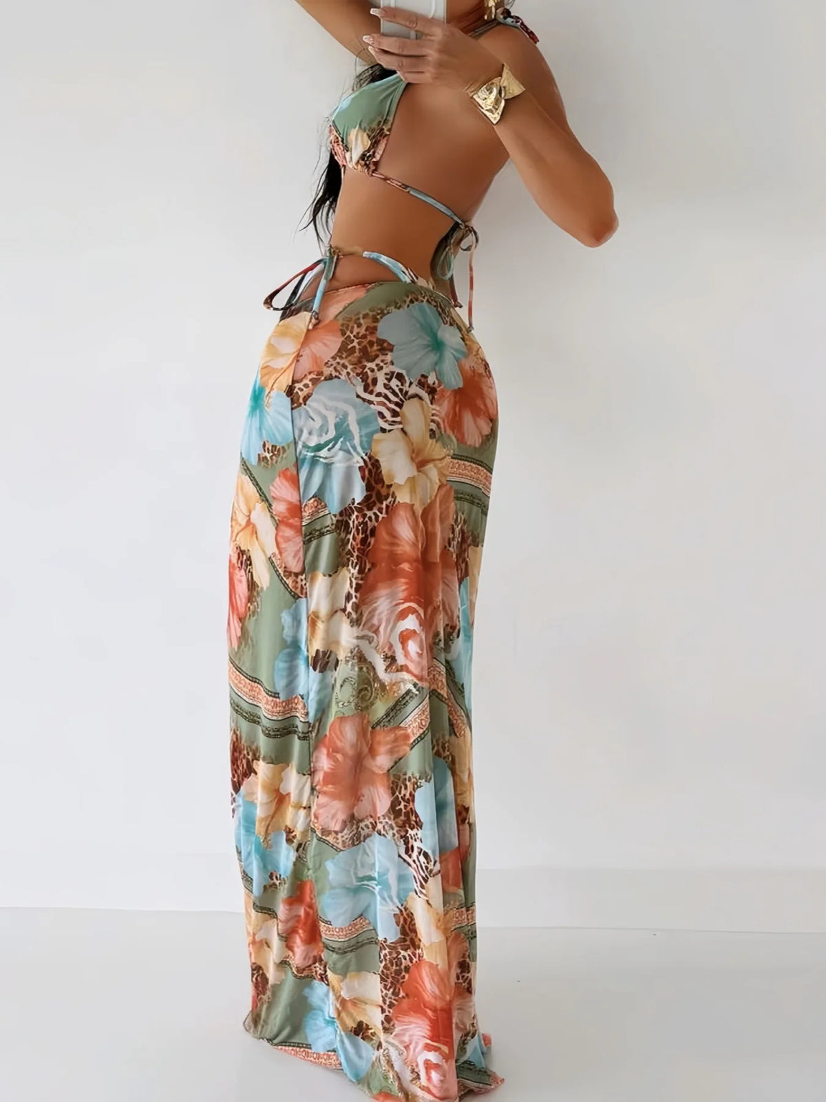 Vintage Pink Floral Print Bikini Women Sexy Metal Ornament Push Up Thong Swimsuit 2025 Beach Bathing Suit Skirt 3 Piece Swimwear