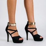 Women's Sexy Peep Toe Platform 12cm High Heel Sandals with Gold Metal Classic Ankle Strap Crisscross Stiletto Heel Party Shoes