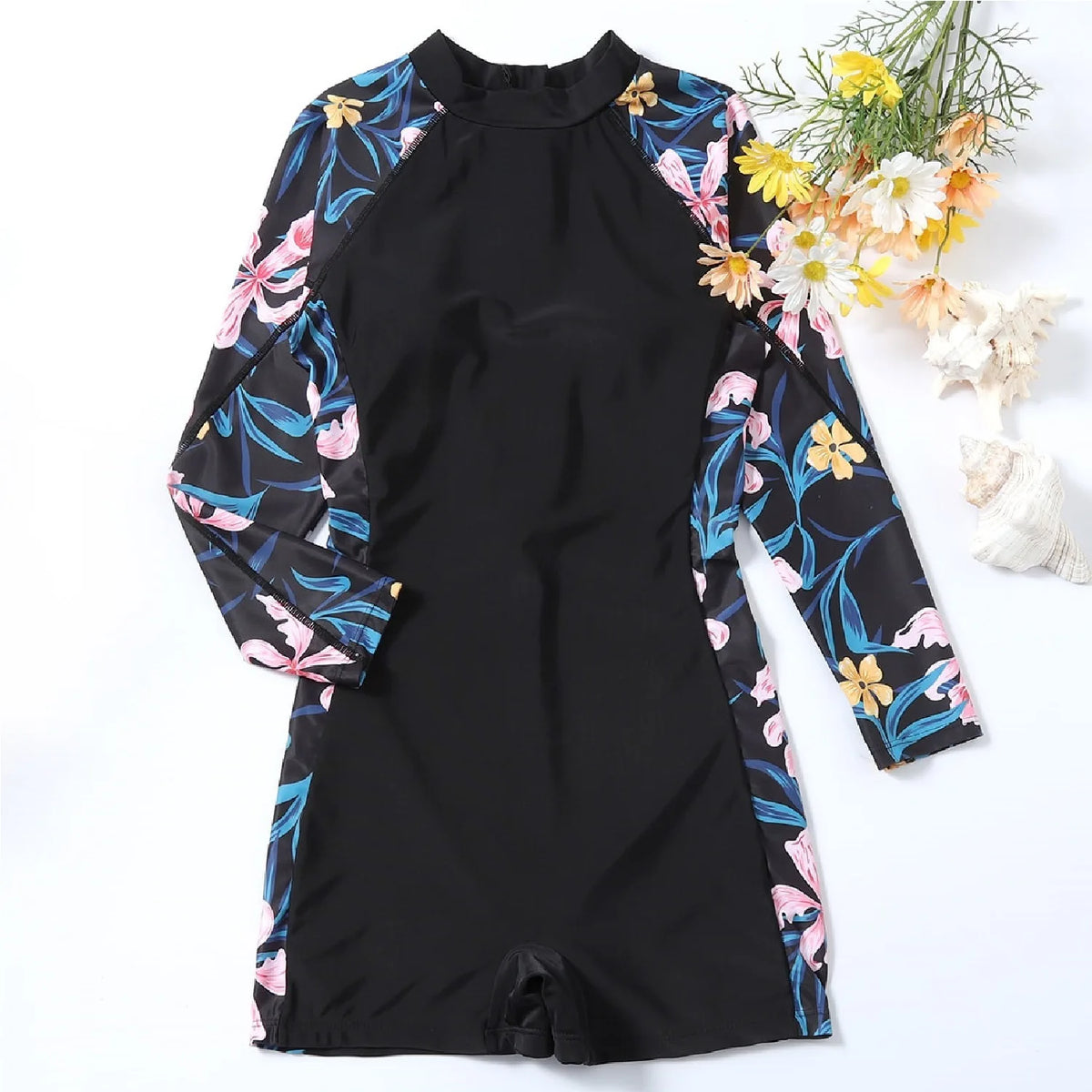 2023 New One Piece Swimsuit Women Floral Long Sleeve Swimwear Zipper Surfing Monokini Push Up Body Suit Beachwear Bathing Suit