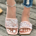 Retro Embroider Low Heel Slippers Women Summer Square Toe Slip On Slides Woman New Anti-Slip Beach Pu Leather Slippers Mujer