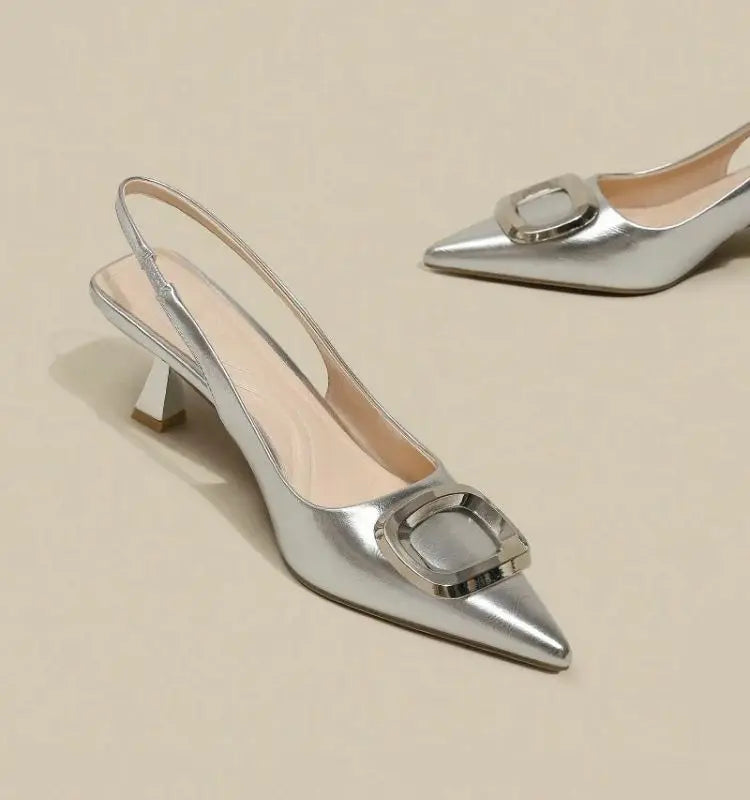 Brand Woman Slingback Shoes FashionSpring New Ladies High Heels Elegant Med Heel Pointed Toe Slip on Sandal Mules
