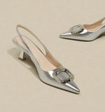 Brand Woman Slingback Shoes FashionSpring New Ladies High Heels Elegant Med Heel Pointed Toe Slip on Sandal Mules