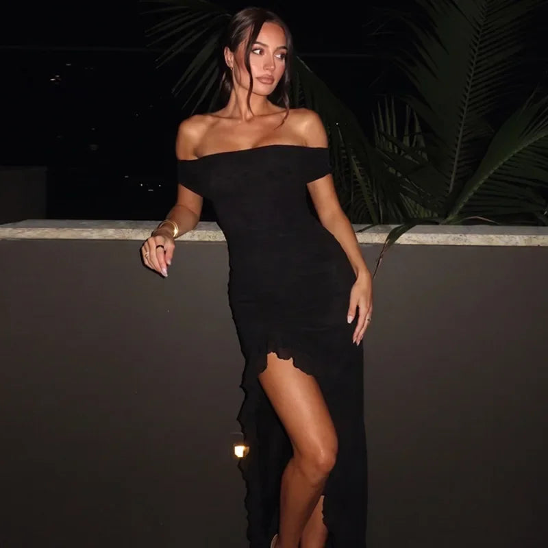 FDYOUI Elegant Slash Neck Ruffles High Slit Long Party Dresses for Women 2026 Summer Sleeveless Bodycon Evening Dress Lady Gowns