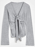 Women's Spring Summer Slimming Crop Tops Long Sleeve V Neck Tie Up Solid Color Trendy T-shirt